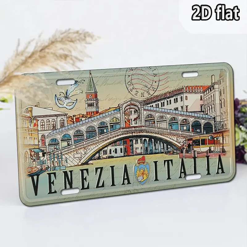 ملصق سفر إيطالي عتيق مسطح ثنائي الأبعاد - لافتة ديكور جدارية معدنية من فينيسيا إيطاليا مع جسر ريالتو وجندول #5