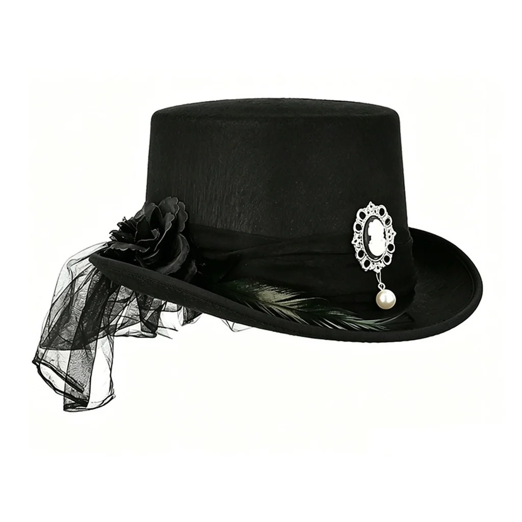 Flocked Top Hat Structured Imitation Pearl Brooch Hat Gothic Top Hat Unique For Daily Gothic Outfits Stage Performance Cosplay