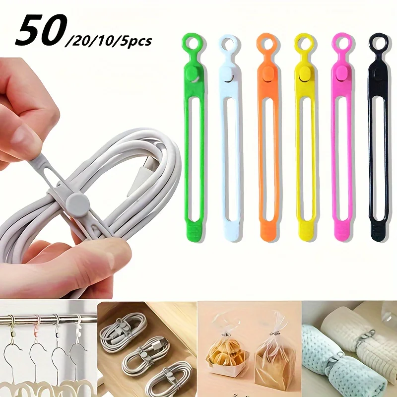 50/20/10/5pcs Silicone Multifunctional Cable Organizer Winder Storage Holder Bag with Zip Tie, Twist, and Clip Functions