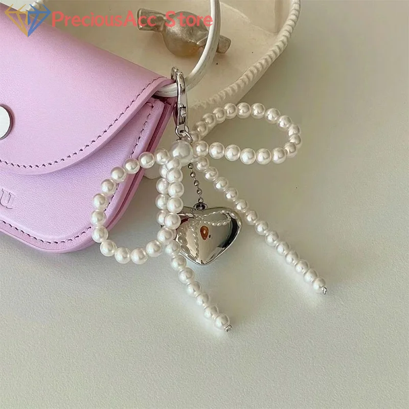 Delicate Beaded Key Chain Handmade Pearl Bow Shaped Pendant Keyring Heart Keychain Ornament Pearl Decoration For Bags Phones