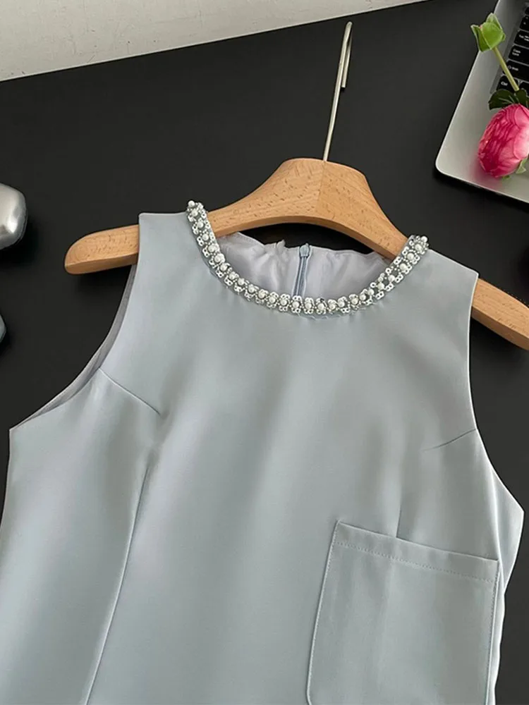 New Blue Design O-Neck Sleeveless Camisole Dress Office Women Ins Sexy Slim Pockets A-line One-Piece Summer Sweet Elegant Frocks