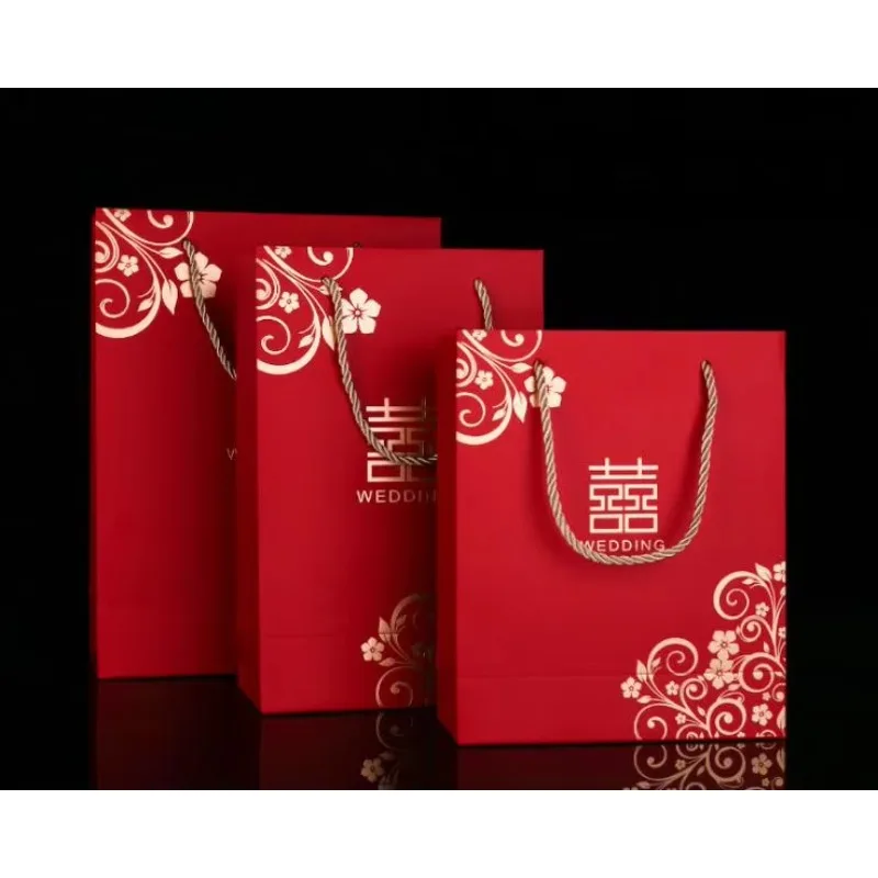 100pcs/lot Chinese Style Red Double Happiness Paper Gift Bags for Wedding Packaging Bag with Handle Party Favors