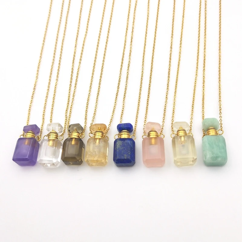 Mini Natural Stone Perfume Bottle Pendant Necklace, Amethyst Rose Quartz Lapis Amazonite Healing Crystal Essential Oil Diffuser