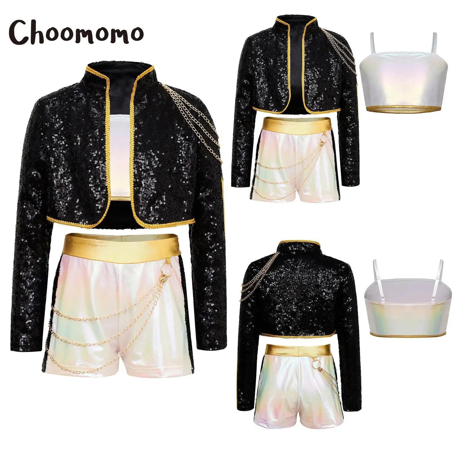 

Anime Character Cosplay Outfit Halloween Party Costume Girls Mock Neck Iridescent Gloss Long Sleeve Crop Top Waist Chain Shorts