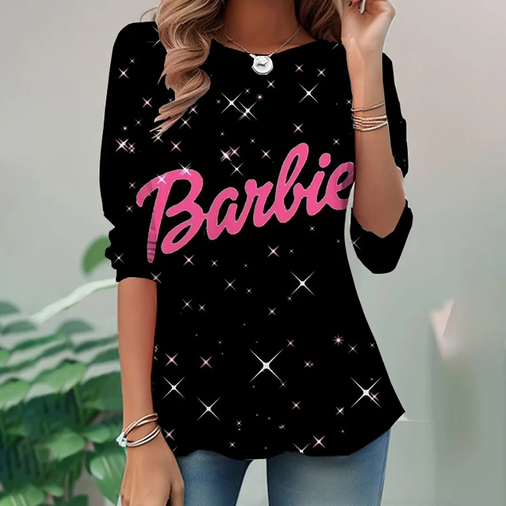 Kawaii Barbie Princess Print T-shirt Women's Top Autumn Children's T-shirt Leisure O-neck Ohana Barbie Princess T-shirt