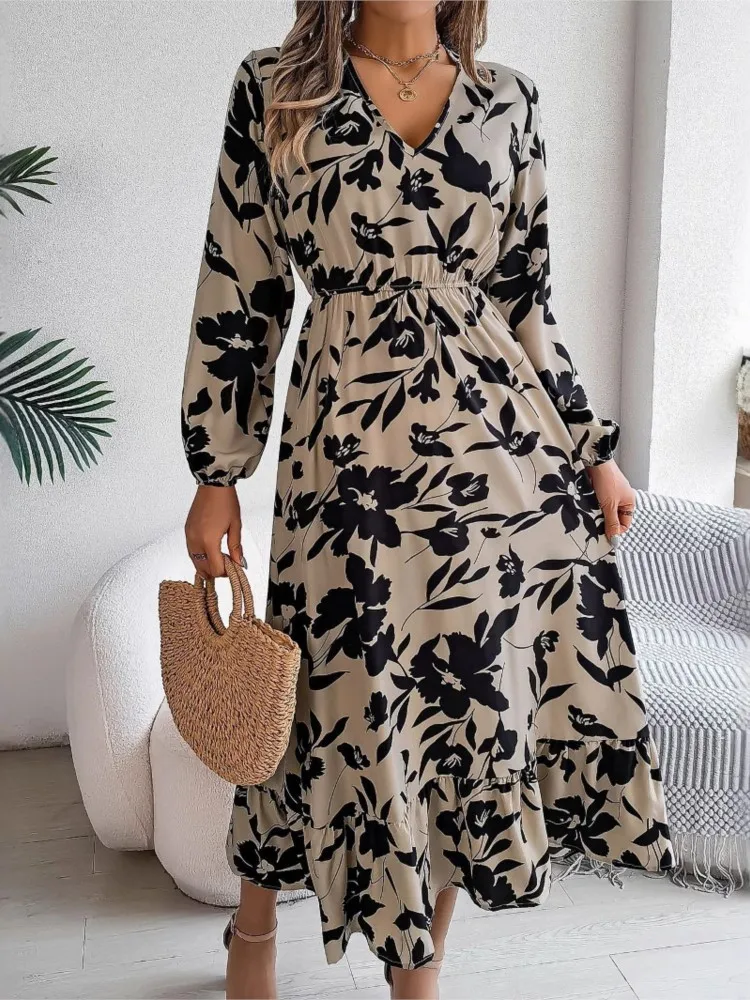

Elegant Floral Print Dress Lady Fashion Long Sleeve V Neck Pullover Loose Dresses For Women Casual Holiday Office Clothes New