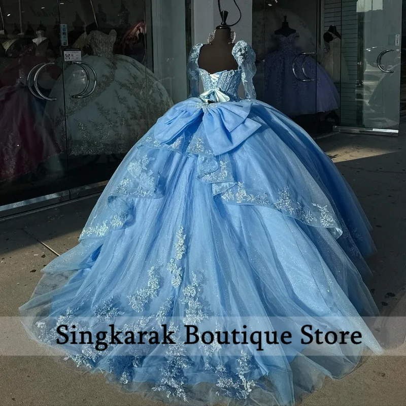 Vestidos De Quinceañera De princesa azul cielo, lazo, Mangas desmontables, apliques De encaje, cuentas De cristales, vestido De baile De lujo De 15 Años