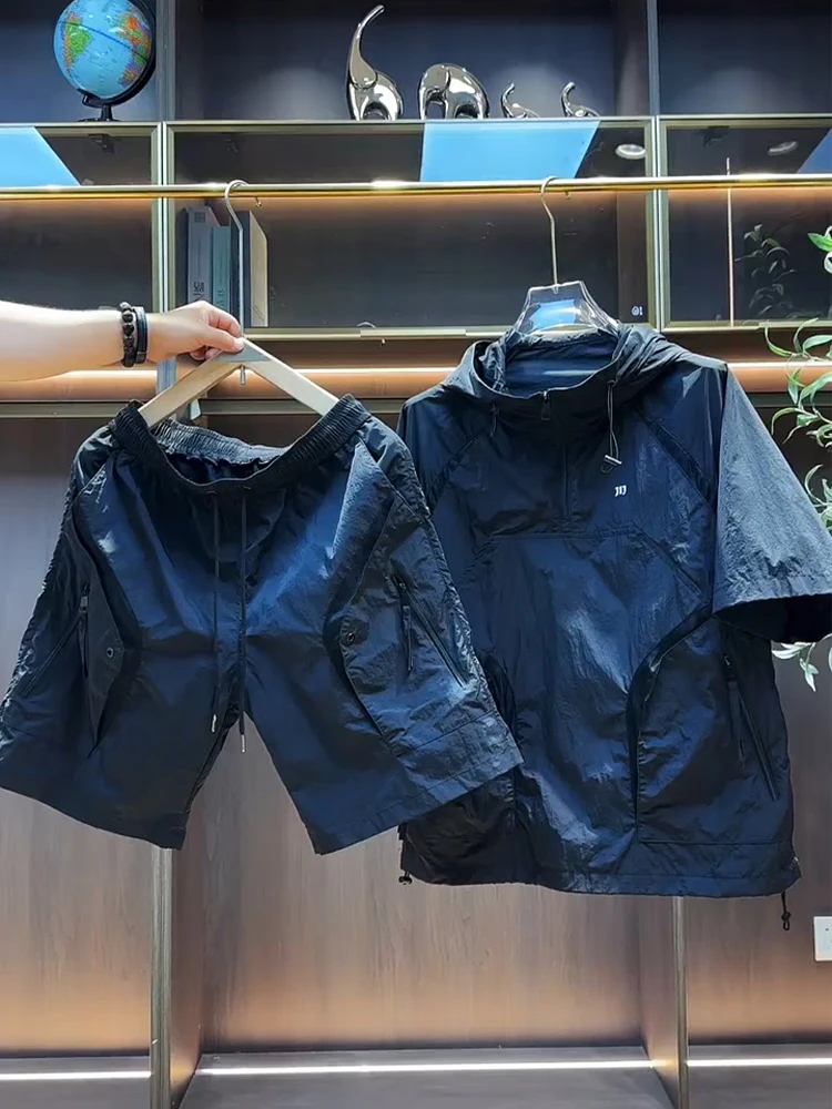 

Летний новый повседневный рабочий комплект для мужчин: тонкий, модный, с лоскутным дизайном, свободный, быстросохнущий худи и шорты, комплект из двух предметов