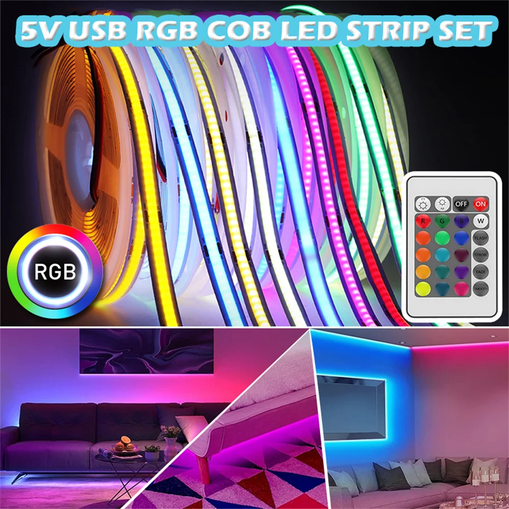 RGB COB LED Strip Light 576LEDs/m 5V Multicolor Flexible Tape Light, Color Changing Strip Light, RGB Led Light Bar for Bedroom