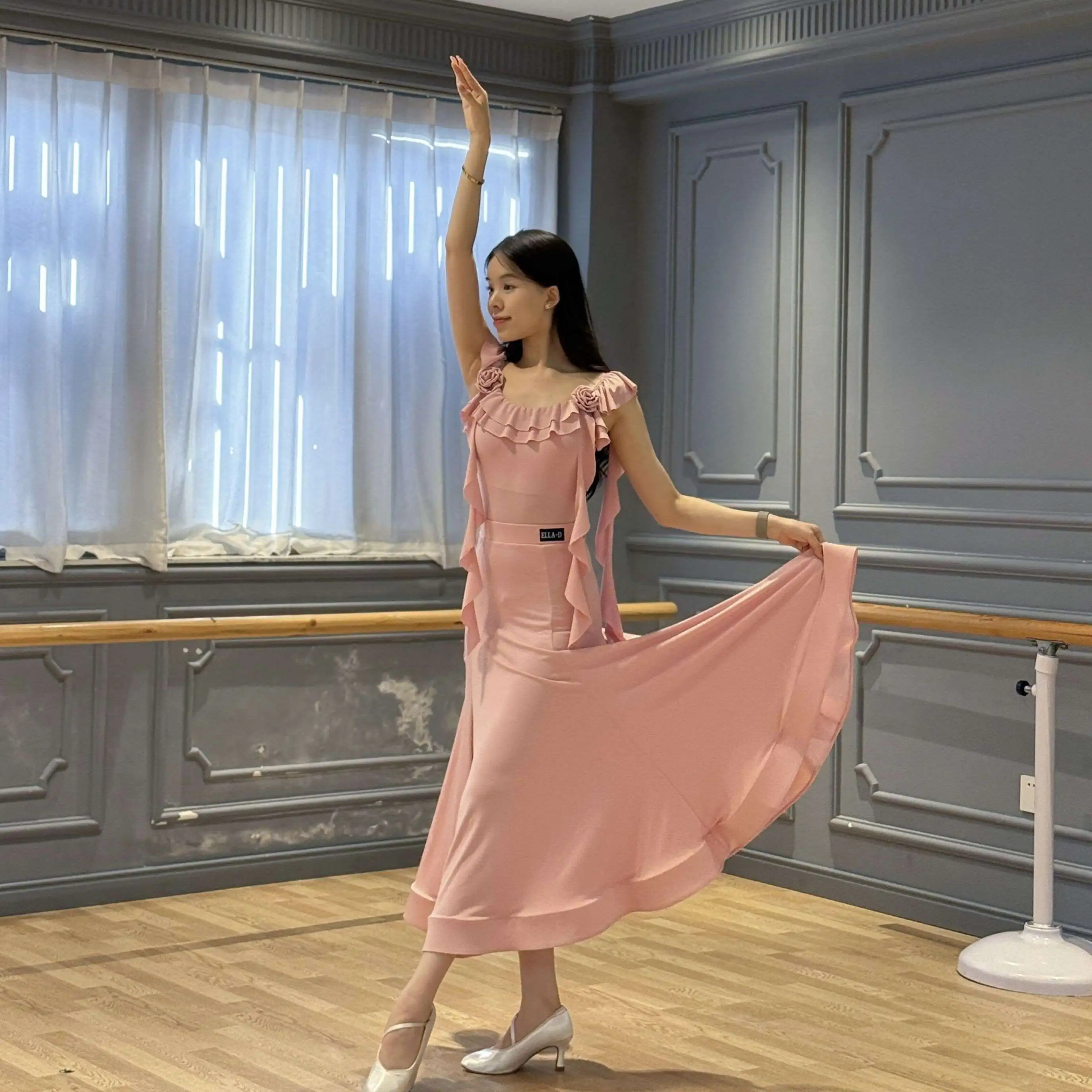 여름 왈츠 볼룸 댄스 복장 여성 댄스 복장 핑크 탑 스커트 연습 의류 공연 연습 복장