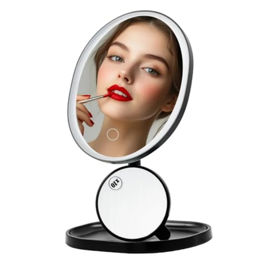 

9" Rechargeable Lighted Makeup Mirror with Mini Magnetic 10X Magnifying Mirror, Touch Screen Dimmable LED Lights, Portable Vani