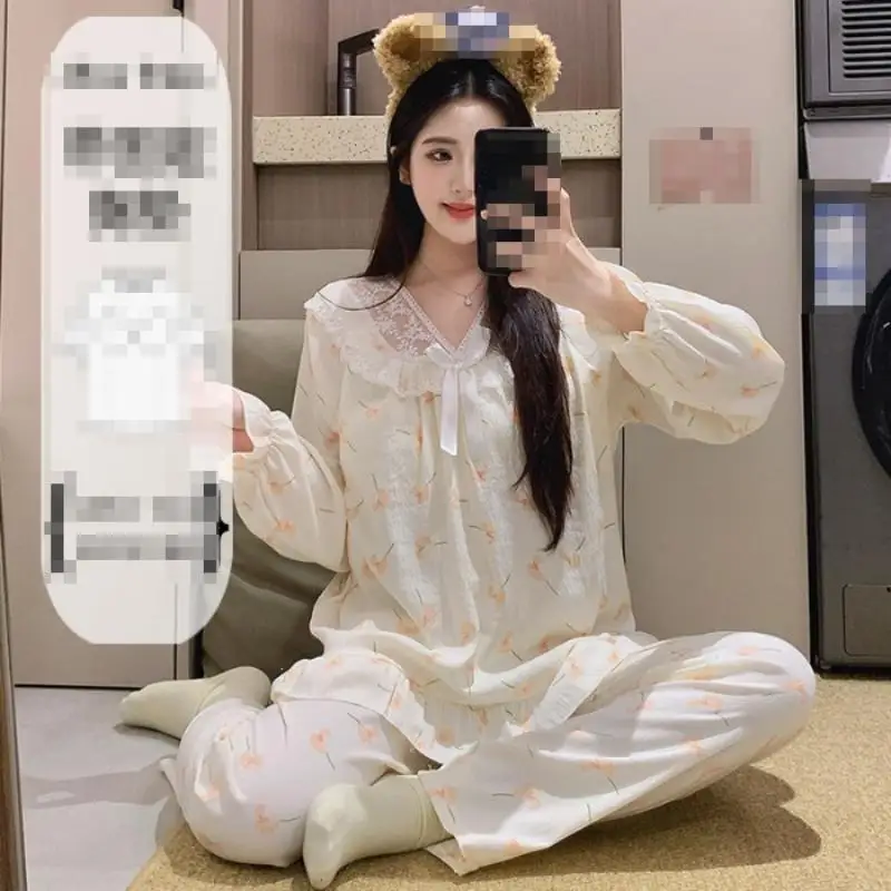 Women's Lace V-Neck Pullover Long Sleeved Long Pant Home Suit Set for Girls In Spring Autumn New Pajamas for Women Two-Piece Set