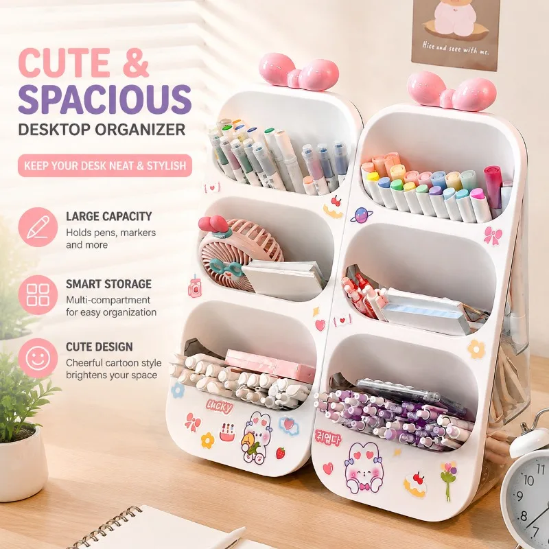 Slant Pen Holder Large Capacity Desktop Organizer Cute Cartoon Pencil Case Storage Rack for Students Office Desk Supplies