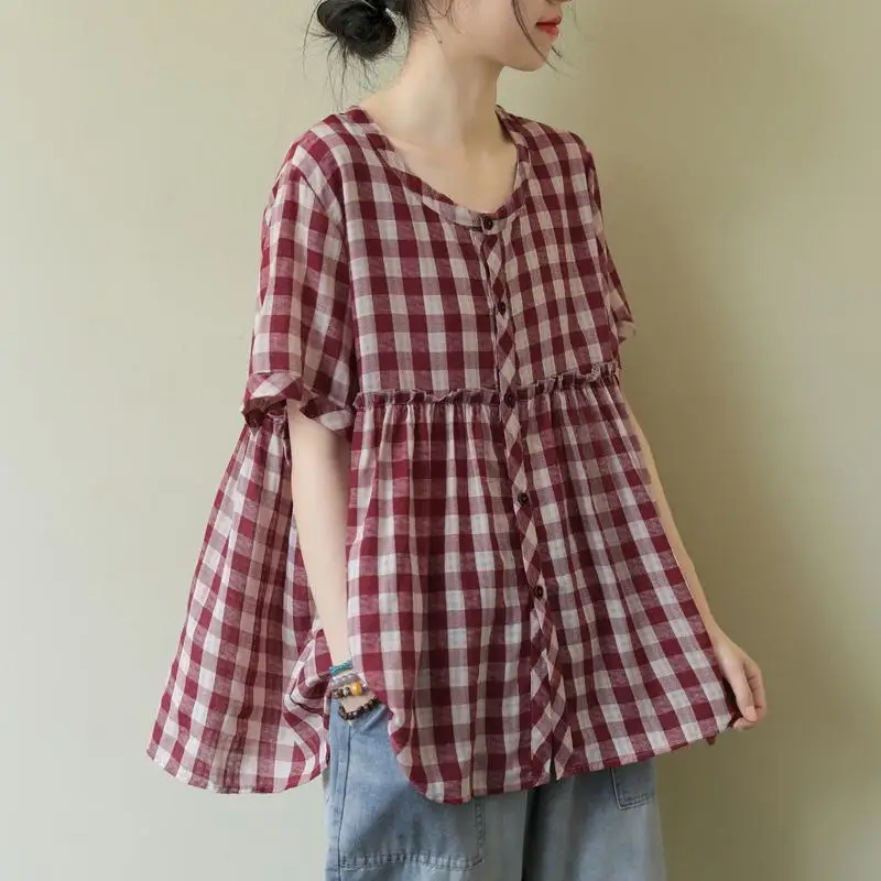 Mode O-hals Knoop Losse Gesplitste Ruches Geruite Shirts Dameskleding 2024 Zomer Nieuwe Oversized Casual Tops All-Match Blouses