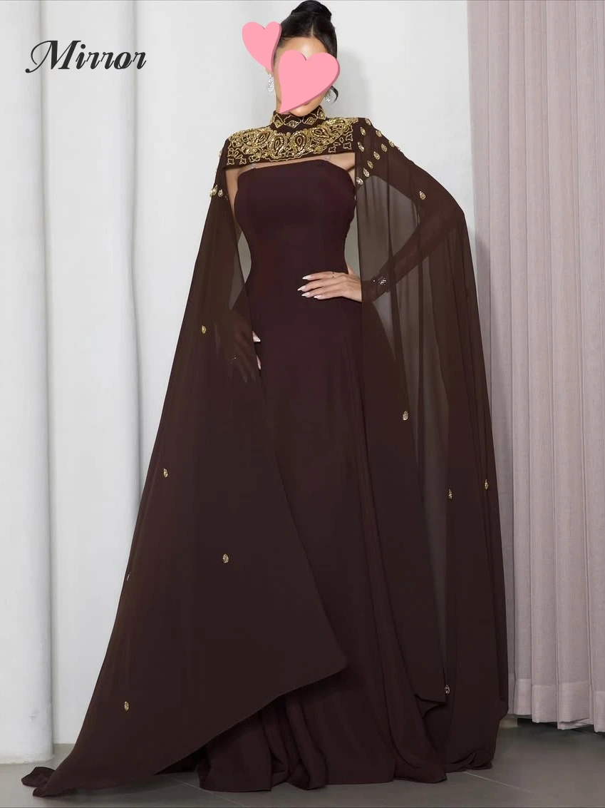 Spiegeljurk Elegante Vintage Sexy Bruine Chiffon Kralen Cape Stijlvol Aanpassen Formele Gelegenheid Galajurk Avondfeest Jurken