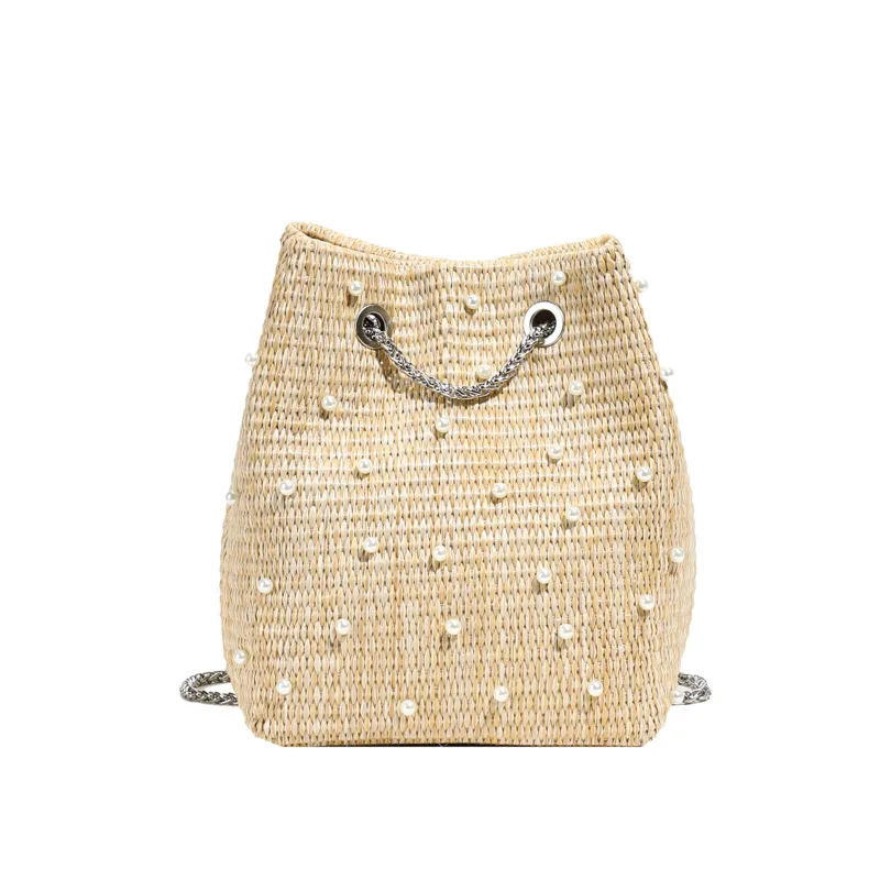 

Women's Summer Bag Straw Bag High-End Feel Shoulder Bag Pearl & Diamond Encrusted Chain Bucket Resort Style Woven Handbag