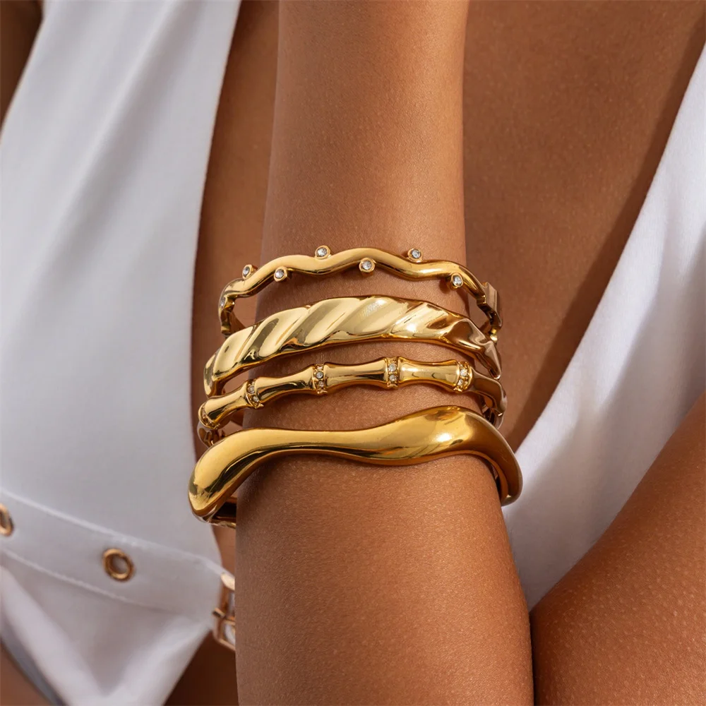 Stackable Stainless Steel Open Cuff Bangle For Women Tone Wavy Twisted Bamboo Inlaid Crystal Bracelet European American Jewelry