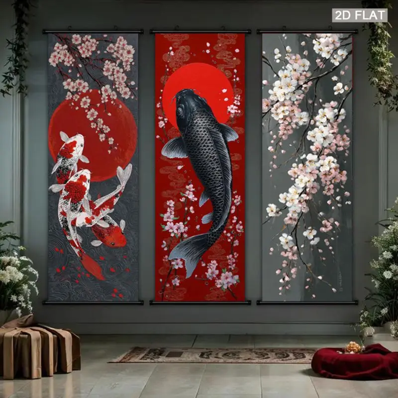 VIKAMA Koi Fish Red Sun Wall Tapestry Cherry Blossom Japanese Ink Scroll Art Home Decor Retro Style Soft Durable Cozy Aesthetic