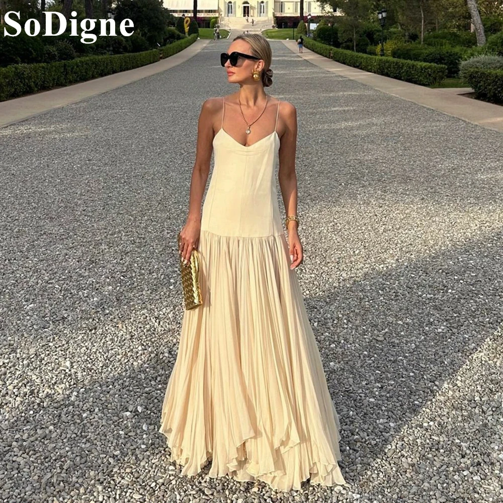SoDigne Elegant Chiffon Evening Dress Beach A-Line Pleated Spaghetti Straps Summer Party Dress Simple Formal Occasion Prom Gowns