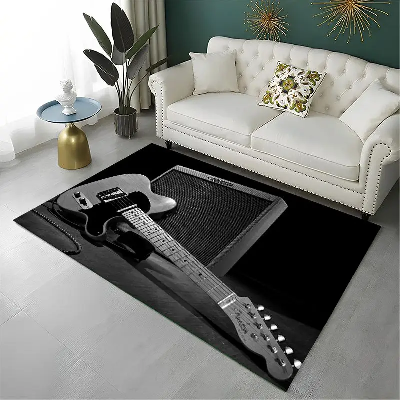 Retro Fender Logo Guitar Instruments Music Carpet Rug for Playroom Bedroom Living Room Sofa Home Decor, Area Rug Non-slip