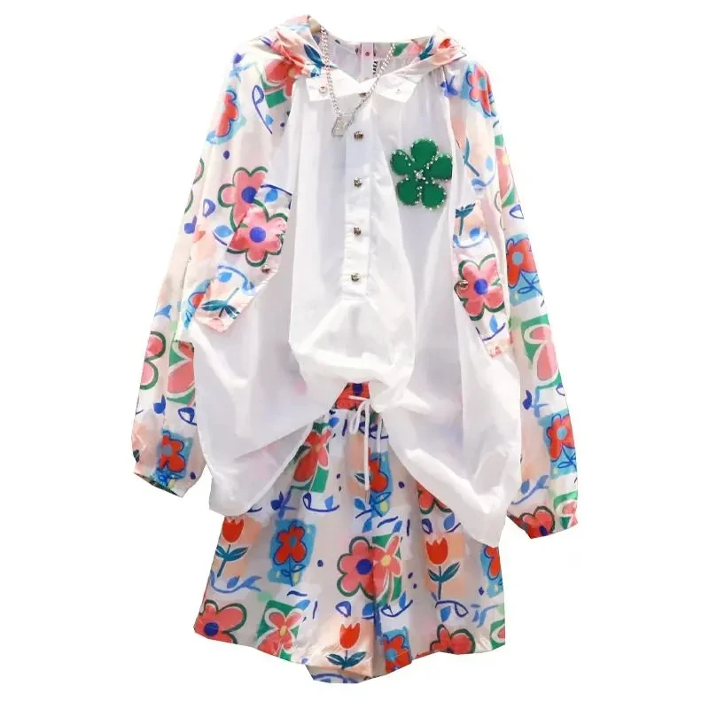 

2022 Womens Fashion Floral Printing Pullover Two-piece Suit Summer New Loose 2 piece set Oversized Wild Match Sportswear Female