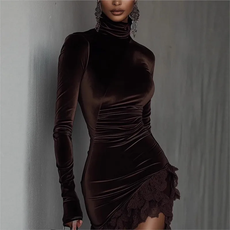 Outono gola alta retalhos rendas vestido de veludo mulher casual sólido magro bodycon quadris vestido inverno manga longa irregular mini vestido