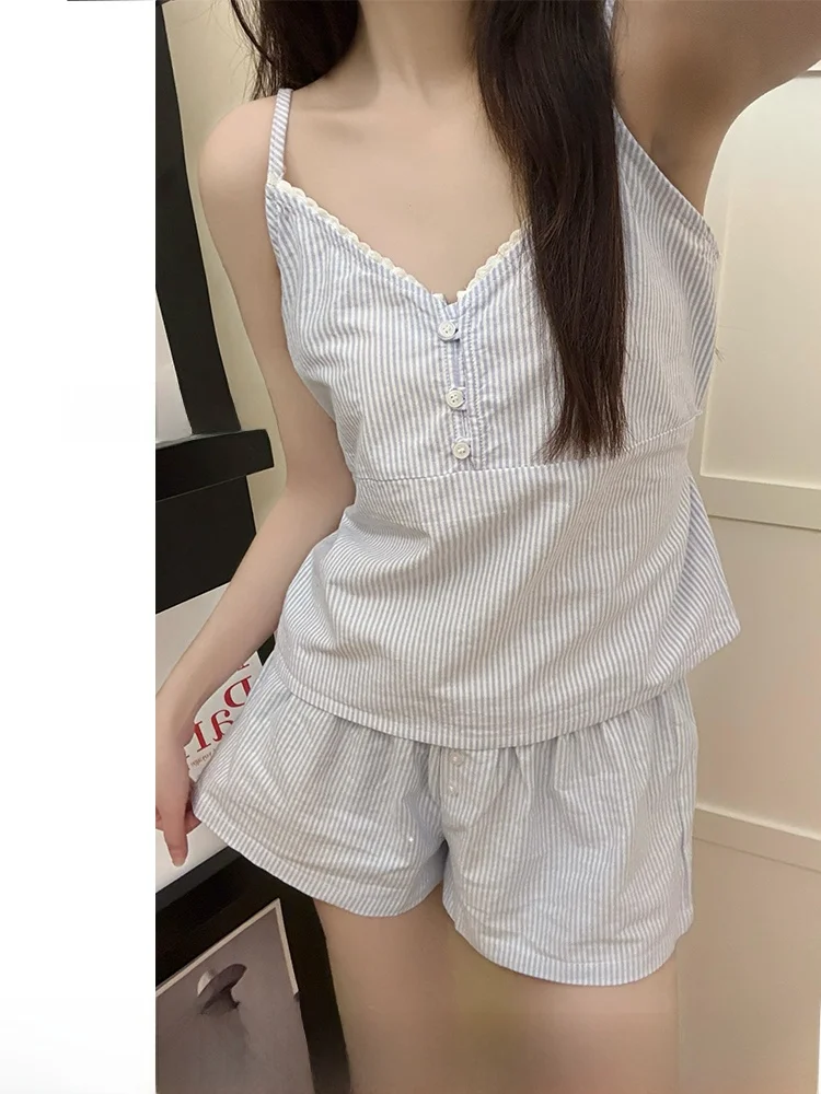

Korean Sweet Simple Striped Strap Spwear Women Summer Loose plus Size Vest orts Home Clothes Two-Piece Set Cartoon Print