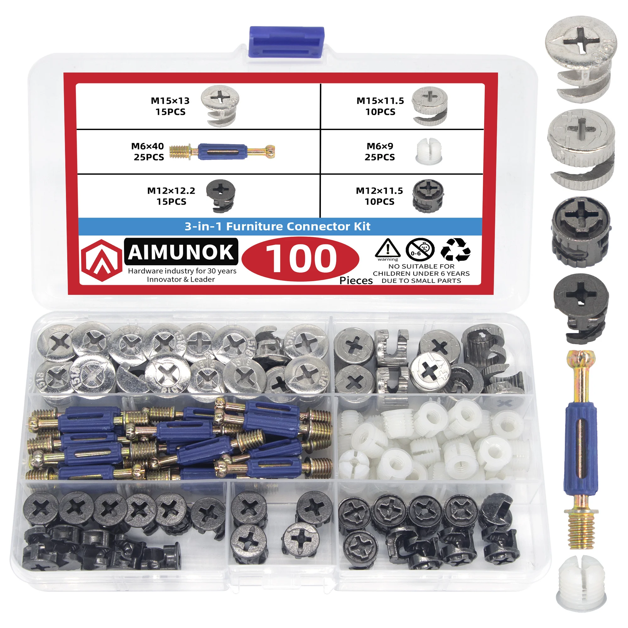 100-teiliges 3-in-1 Möbelverbinder-Set Exzenter-Schraubverbinder Möbelbolzen- und Muttern-Set Kleiderschrank-Schreibtisch-Verbindungsfixierer