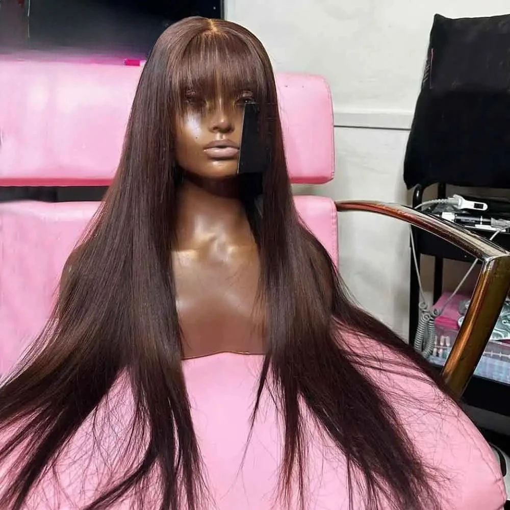 99J Burgundy Red Bone Straight Lace Front Wig With Bangs 13x4 HD Pre Plucked Glueless Synthetic