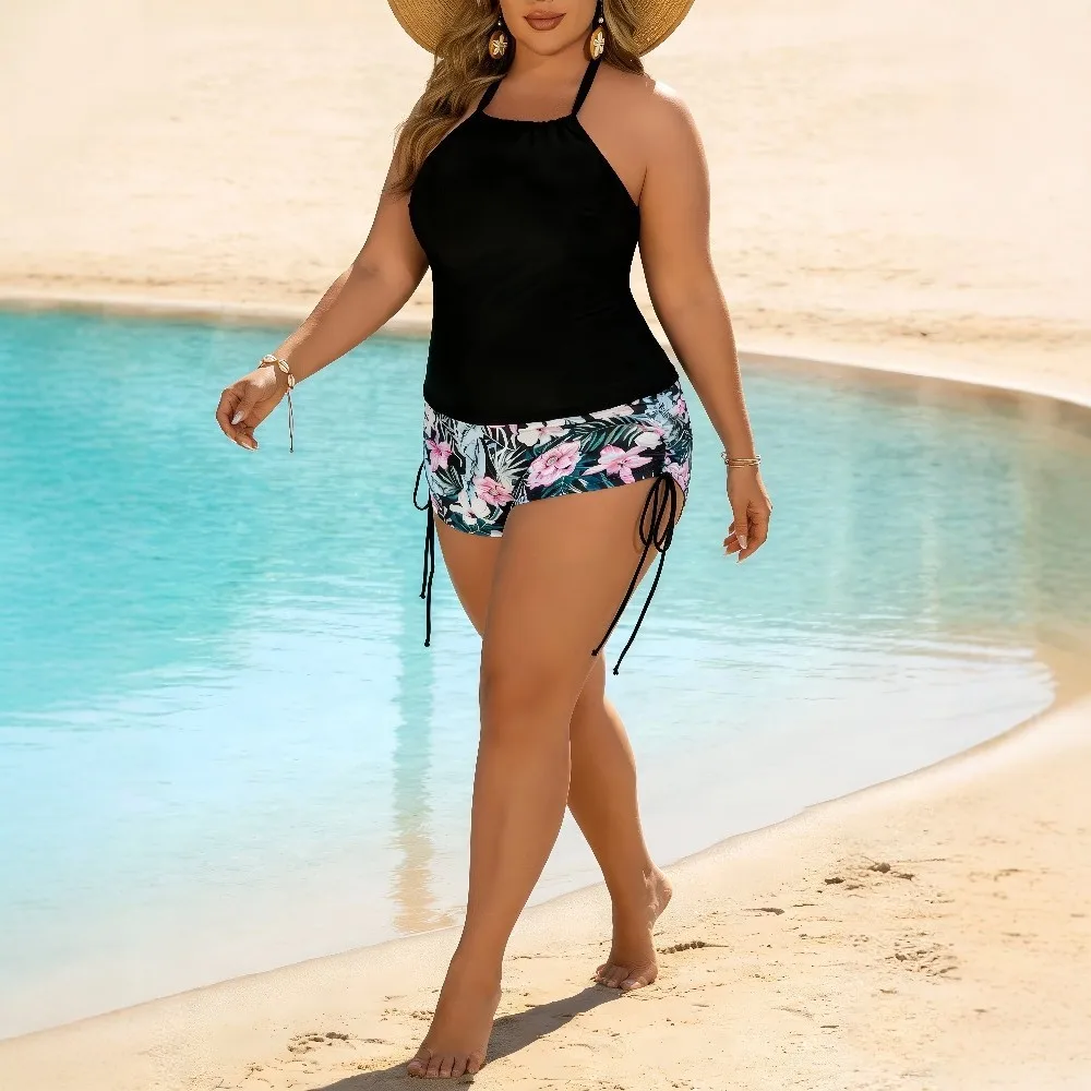 Swimwear 2026 Tankini With Shorts Tankini Top Halter Neck Floral Print Swim Tank High Waist Black Solid Two Piece Swimsuit view 3