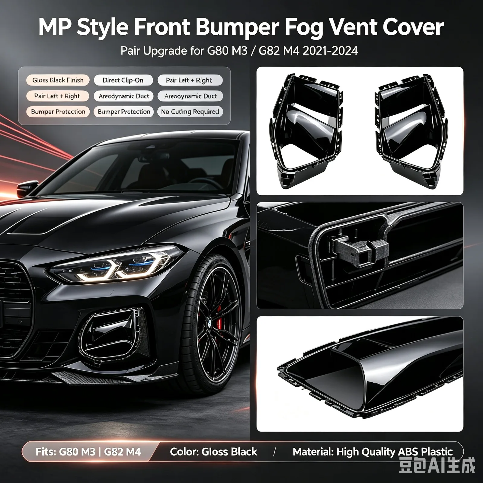 MP Style Frontstoßstangen-Nebelscheinwerfer-Luftkanal-Lüftungsgitter-Abdeckungspaar passend für BMW G80 M3 G82 M4 2021-2024 Stoßstangenverstärkung Dekoration Aerodynamik-Modifikationsteile