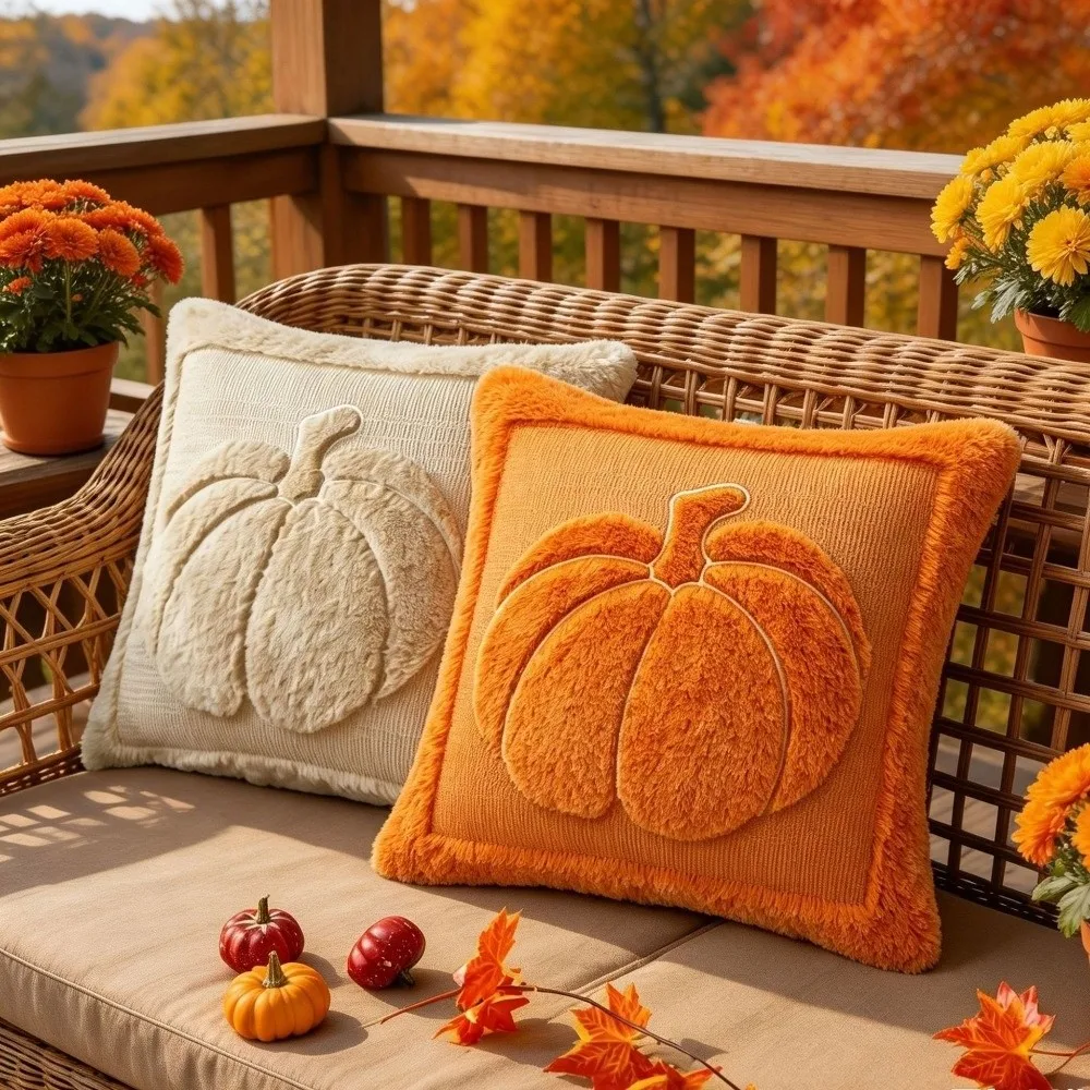 18x18 Inches Throw Pillow Covers Pumpkin Pattern Soft Fabric Faux Wool Cushions Faux Wool Material Quilting Design Pillowcase
