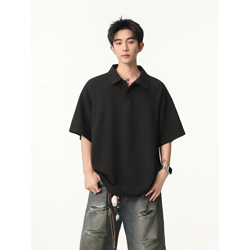 Men's Polo Shirt Summer Textured Fabric Loose Fit Short Sleeve Polos Solid Color Casual Summer Streetwear Breathable  Top Tee
