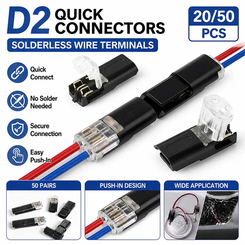 20/50Pcs D2 Quick Wire Connector Solderless Push-in Terminal Block Electrical Cable Splice Connector for Home DIY Automotive