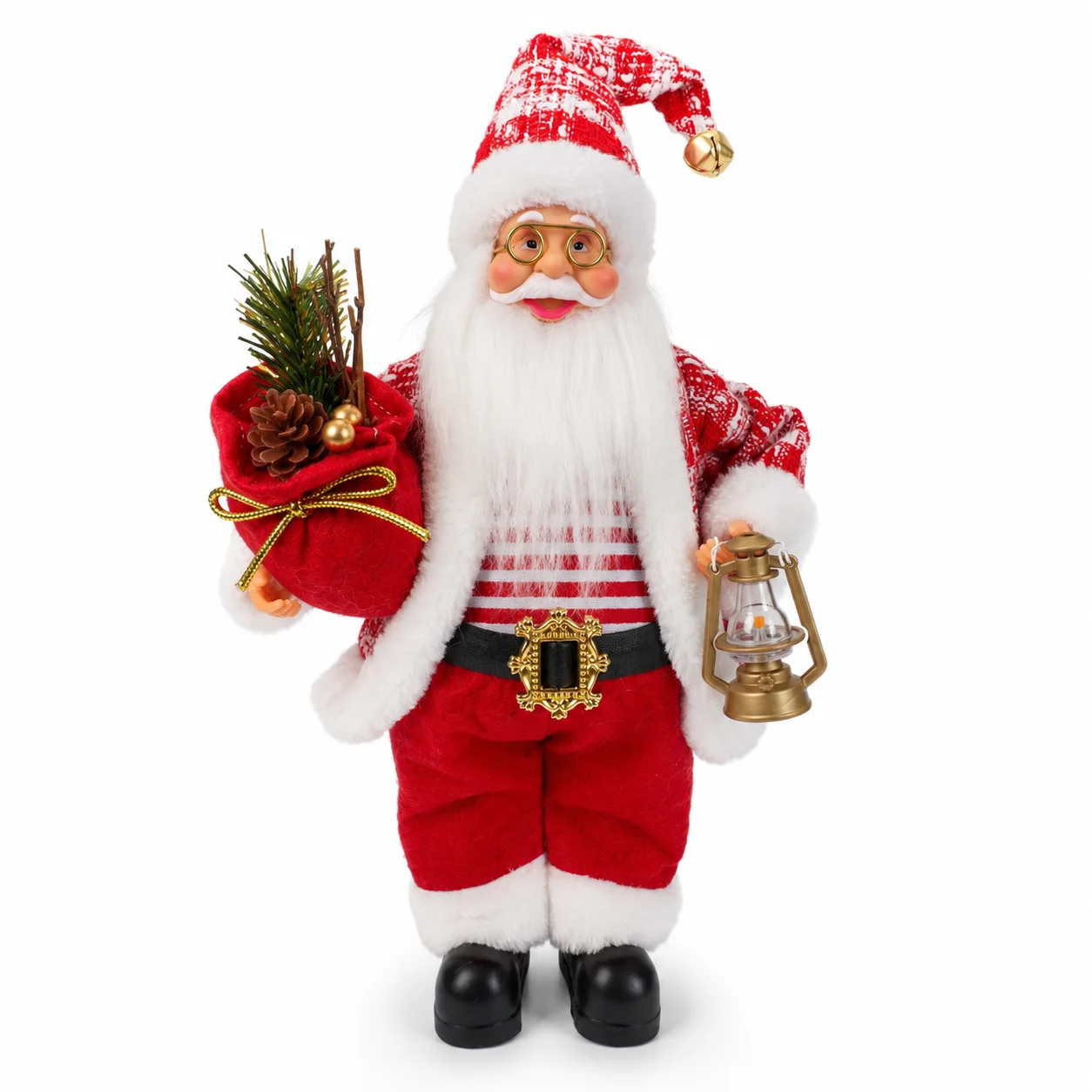 30cm Santa Claus Figurine with LED Lantern & Gift Bag, Soft Plush Xmas Tabletop Decor for Home Holiday Party, Christmas Ornament