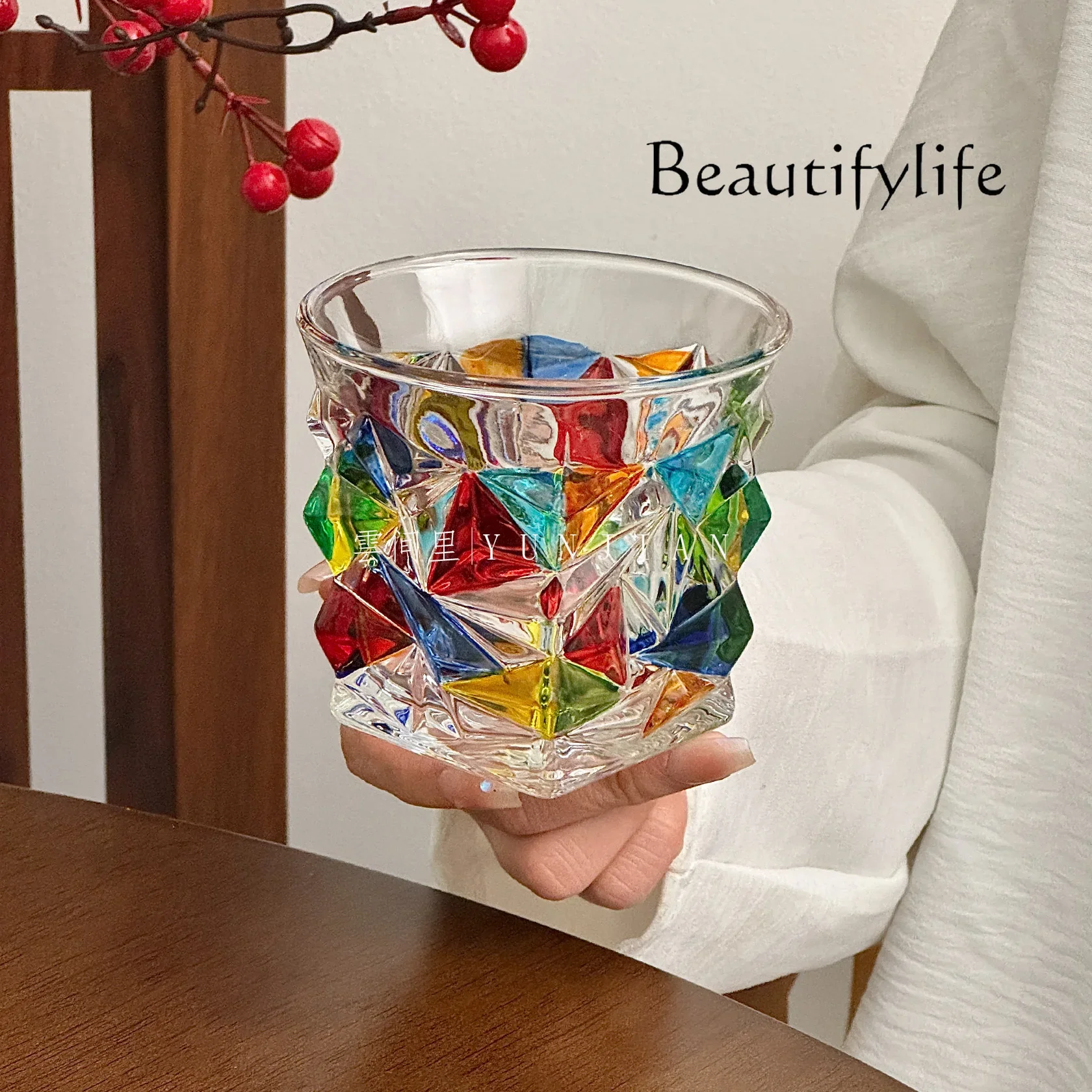 

blingbling hand-painted square lattice woven glass water cup Refraction rainbow light medieval cup