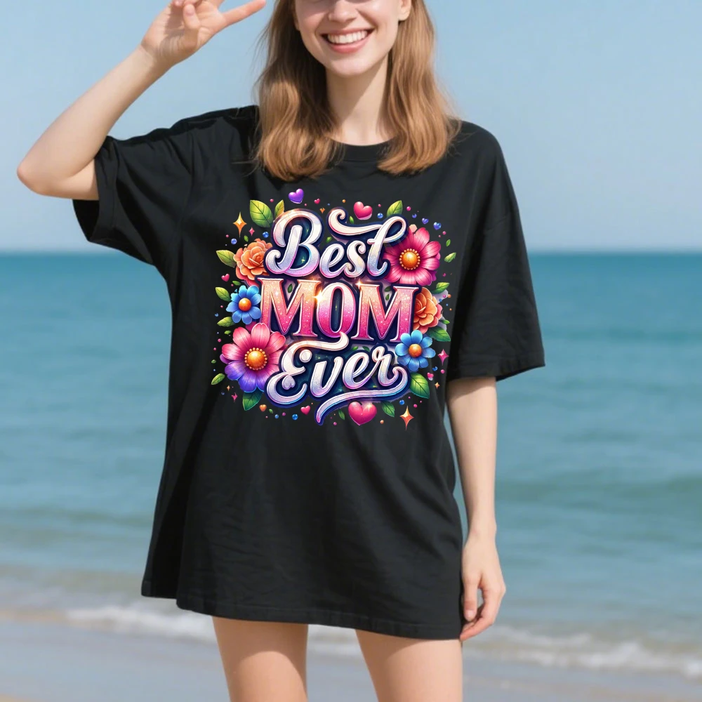 Best Mom Ever Floral Design Women T-Shirt Summer Fashion Tops Gift for Mother Mother's Day Short Sleeve Casual Vintage Clothes