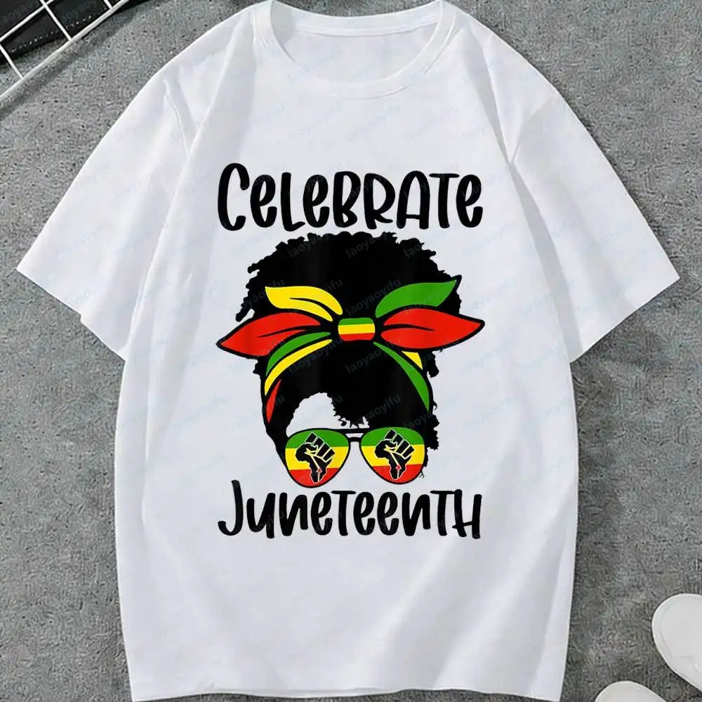 Juneteenth Celebrate Black Woman Graphic T-Shirt Men Women African American Pride Fist Sunglasses Cotton Short Sleeve Tops Gift