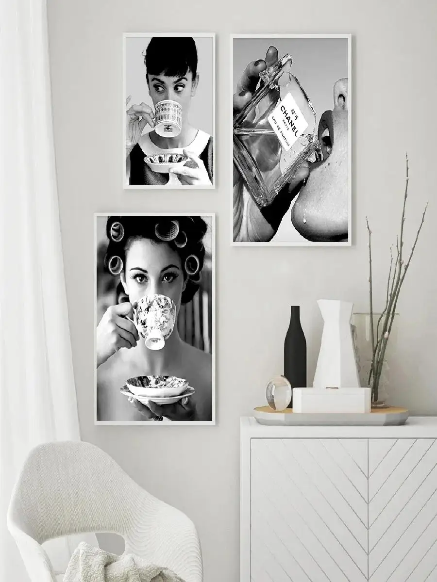 Black  White Champagne Flutes Wine Eating Women Drink Coffee Poster  Canvas Printing Wall Art Picture for Room Home Decor