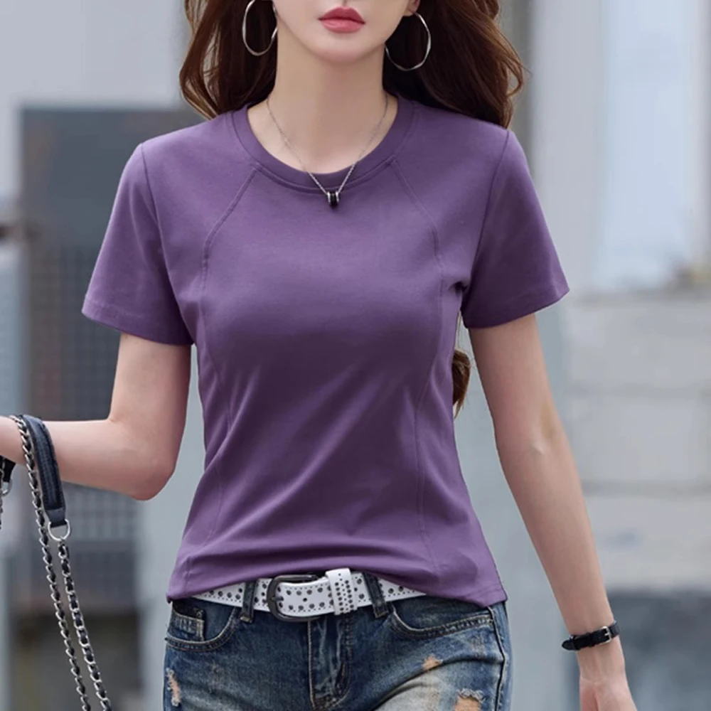 Purple short sleeved T-shirt women's summer new high-end cotton fashionable plus size round neck loose casual fishbone top