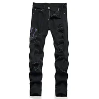 Pantalones vaqueros con bordado de serpiente para hombre, ropa de calle, pantalones vaqueros elásticos negros, pantalones rectos ajustados desgastados rasgados con agujeros