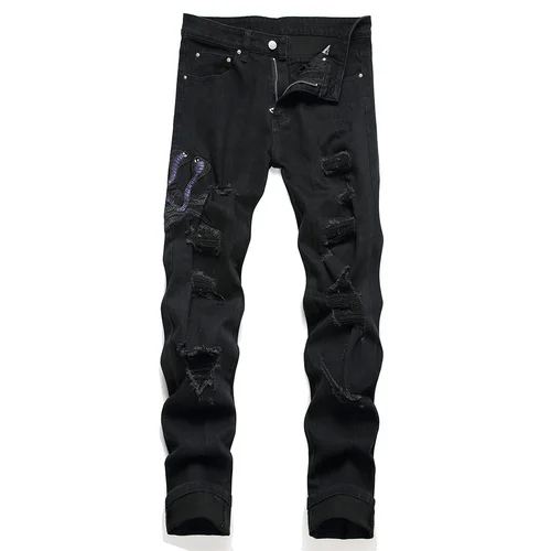 Pantalones vaqueros con bordado de serpiente para hombre, ropa de calle, pantalones vaqueros elásticos negros, pantalones rectos ajustados desgastados rasgados con agujeros