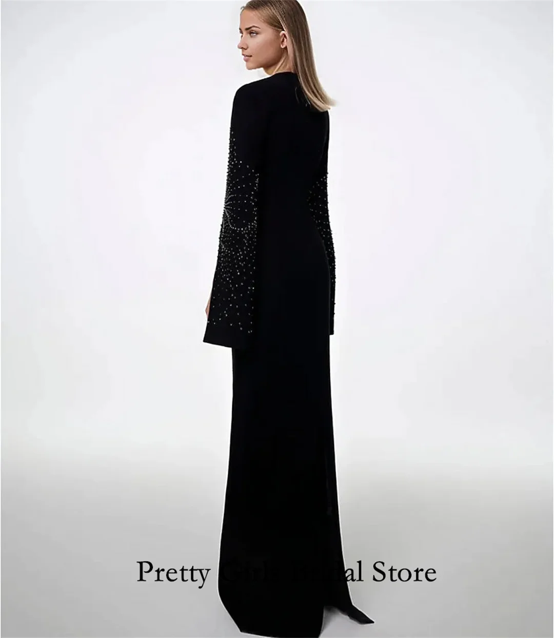 Arabic Morden Style Modest Vintage Black Evening Dresses With Beaded Sleeves Customized Formal Prom Growns Party Women Bride