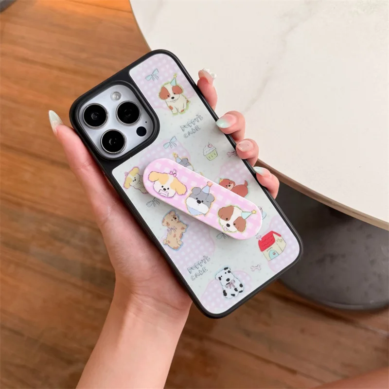 귀여운 강아지 아이폰 16 Pro 14 15 Pro Max 폰 케이스, 스탠드 홀더가 있는 카와이 만화 충격 방지 하드 케이스
