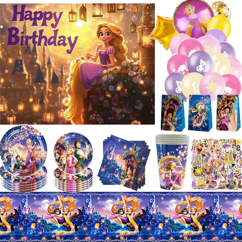 

Cartoon Tangled Rapunzel Theme Birthday Party Decorations Background Disposable Tableware Balloons Baby Shower Banner Kids Gift