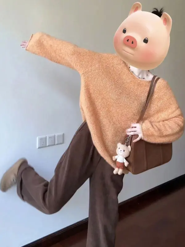 

Retro Lazy Faionable Loose Sweater Unique Beautiful Long Sve Top for Small Figures Anti-Aging Pret Winter Clothing