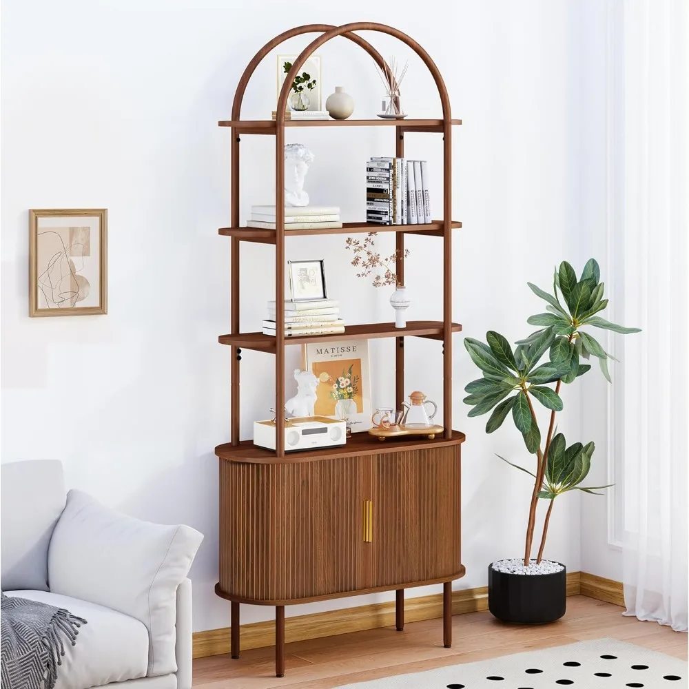 Mid Century Modern Curved Metal Frame Bookshelf with Fluted Design and Sliding Doors