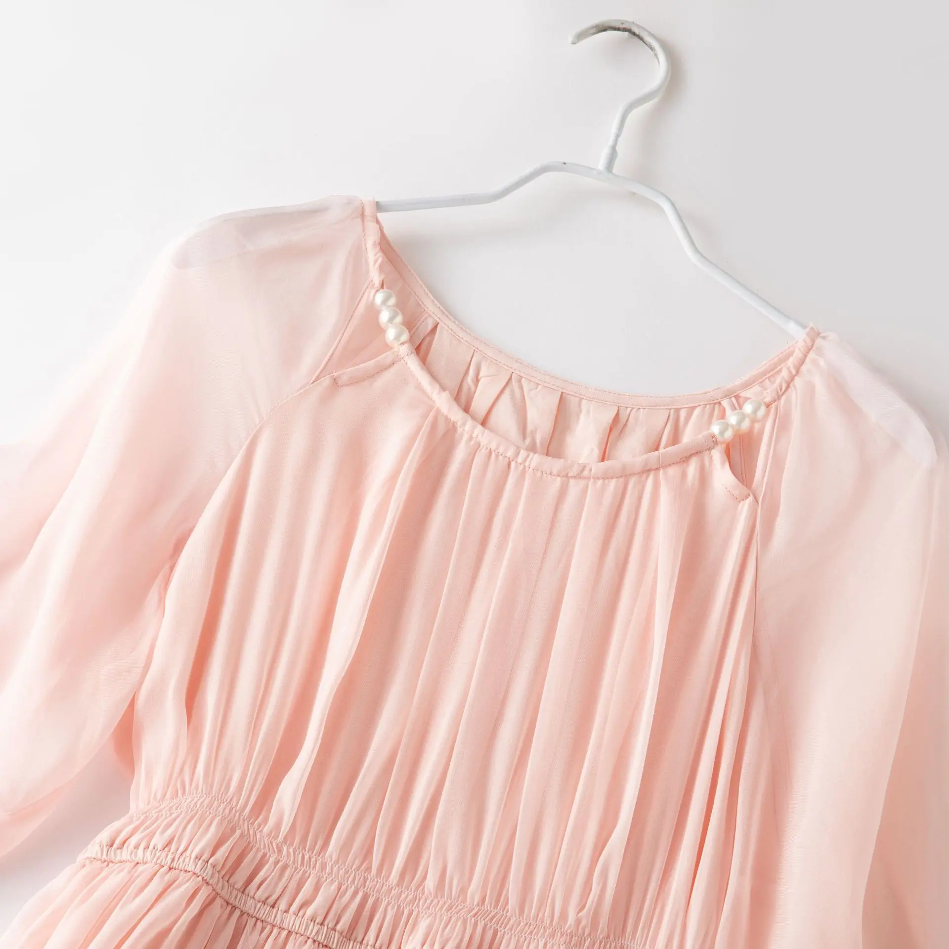 Birdsky, 1PC Women dress chest pleats O neck lantern sleeves 100% real mulberry silk georgette solid Pink, S-1052