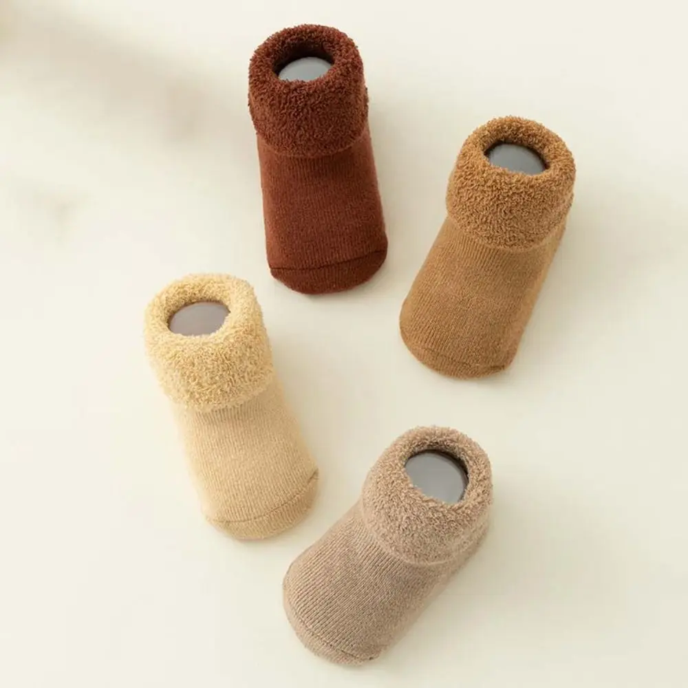 4Pairs Solid Color Thicken Baby Socks Warm Winter Autumn Infant Learning Walk Socks Baby Hosiery Anti-slip Home Sleep Socks