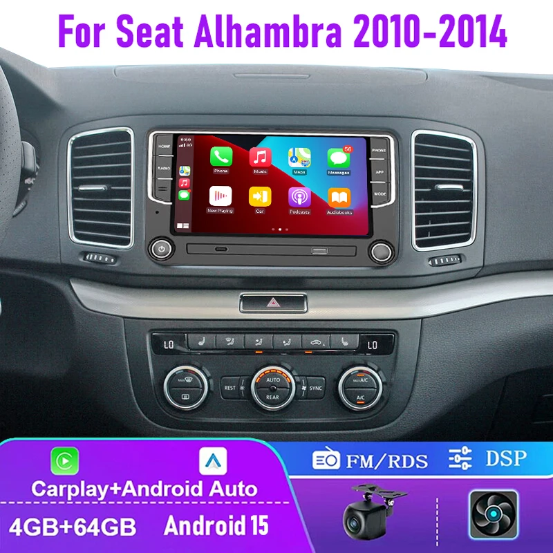 

7'' 4+64GB For Seat Alhambra 2010-2014 Car Radio Wireless CarPlay Android 15 Auto Head Unit BT GPS Steering Wheel Control